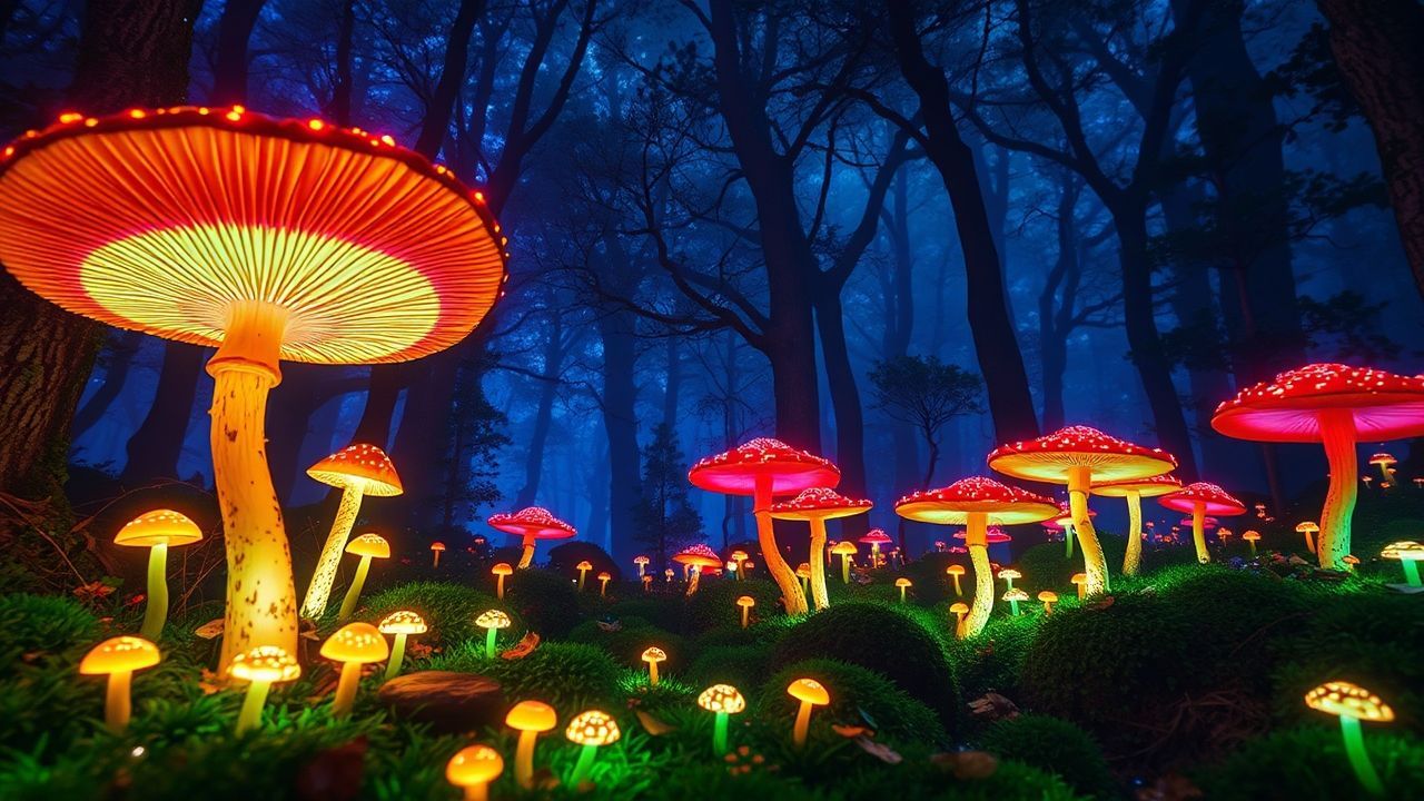 Lush Bioluminescent Mushroom Forest Glow