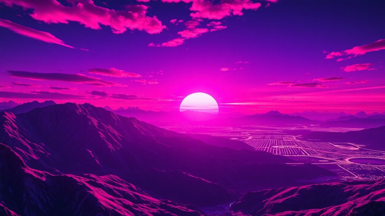 Radiant Vaporwave Grid Mountains at Sunset