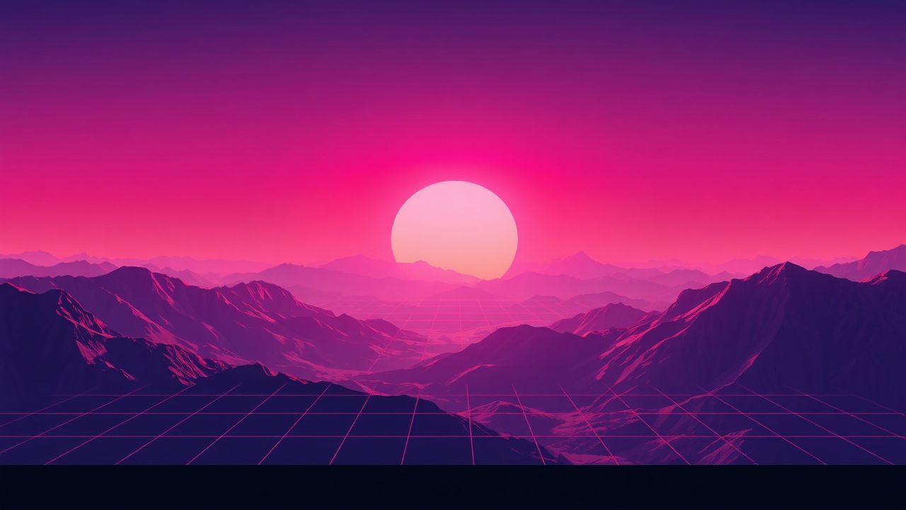 Luminous Vaporwave Grid Mountains at Sunset