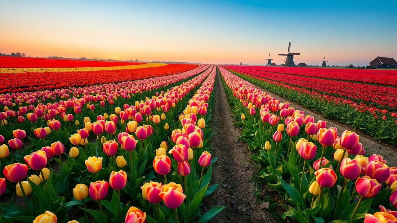 Verdant Tulip Fields Netherlands from Above