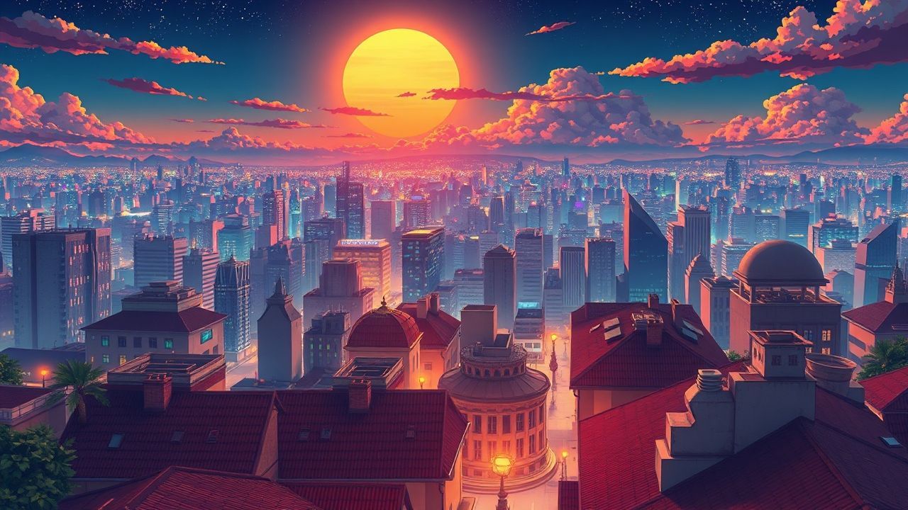 Golden Anime Cityscape Hour in Golden Light