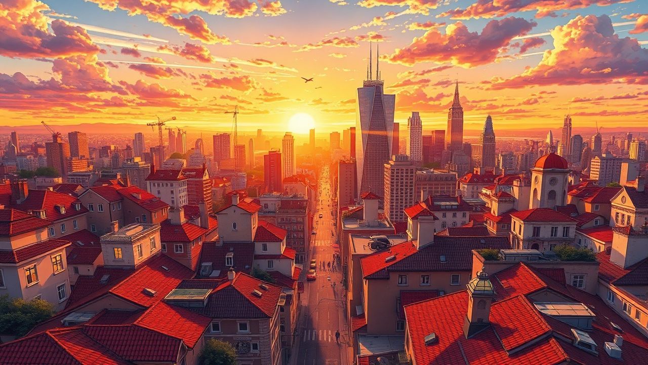 Sprawling Anime Cityscape Hour in Golden Light