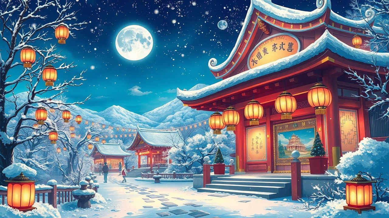 Dramatic Shrine Lanterns Anime in Winter