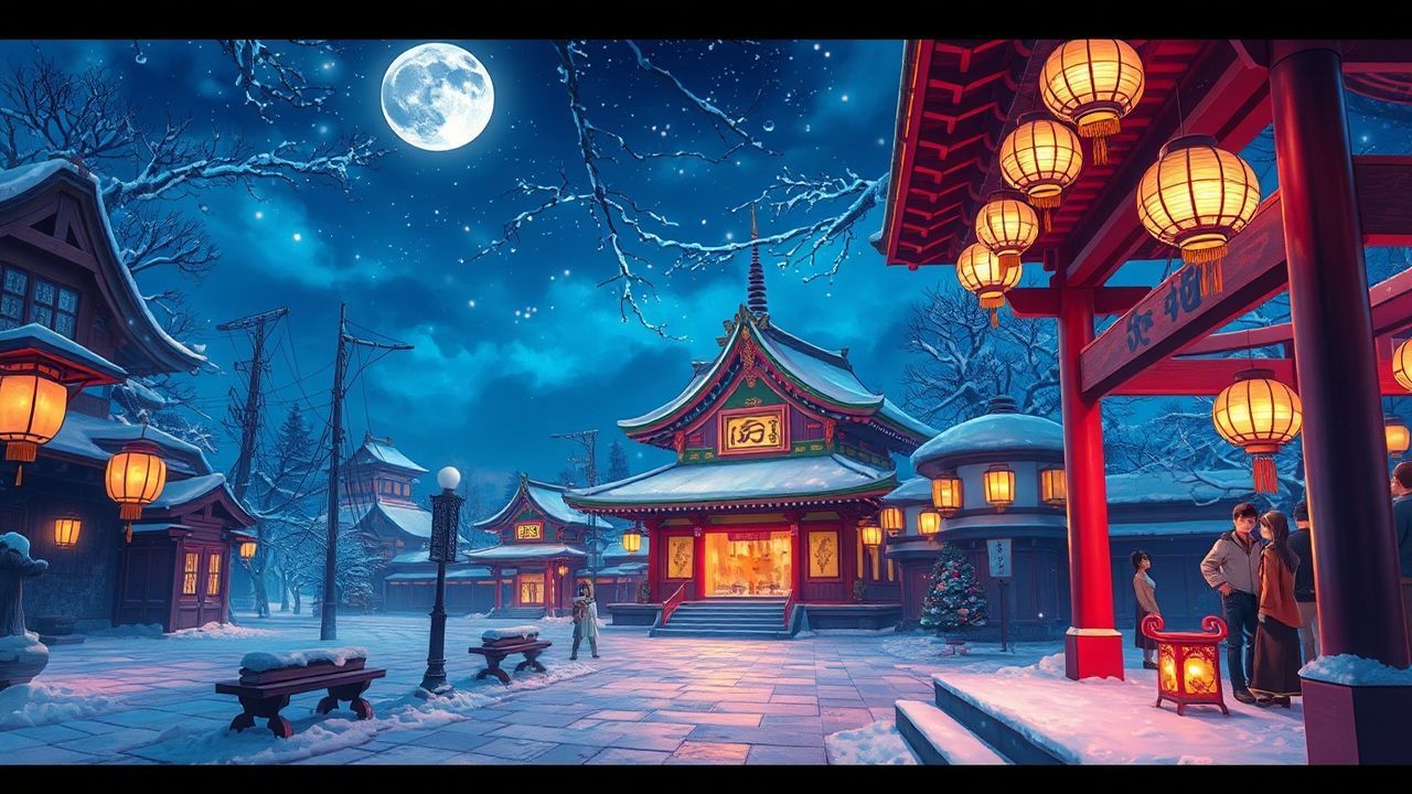 Celestial Shrine Lanterns Anime in Winter