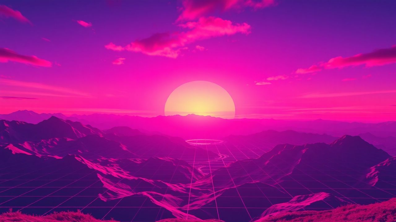Magnificent Vaporwave Grid Mountains at Sunset