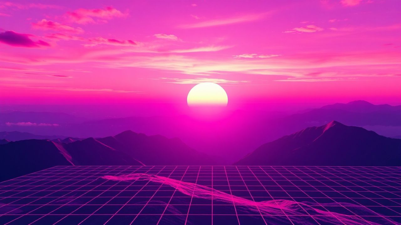 Stellar Vaporwave Grid Mountains at Sunset