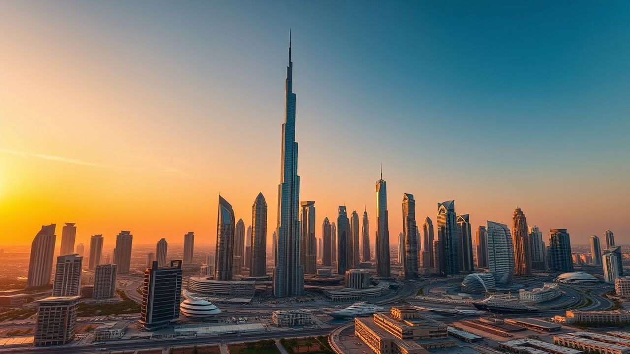 Sweeping Dubai Futuristic Towers at Sunset