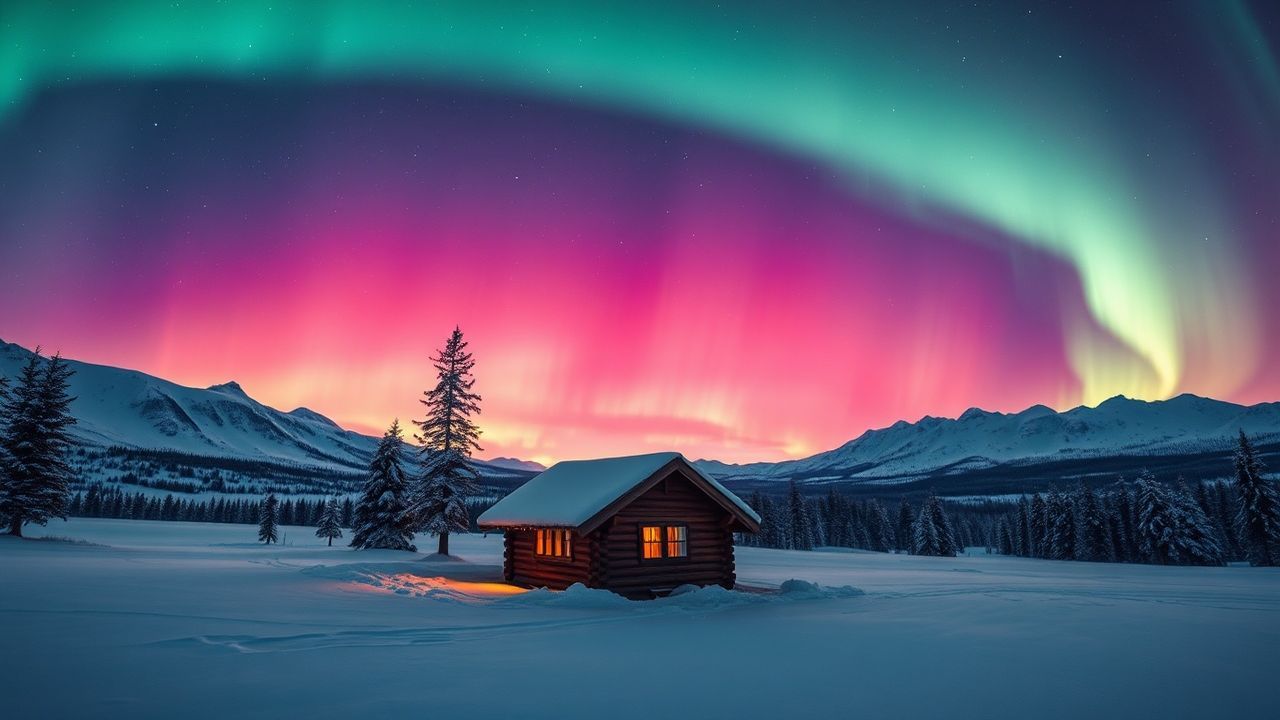 Towering Northern Lights Cabin in Winter