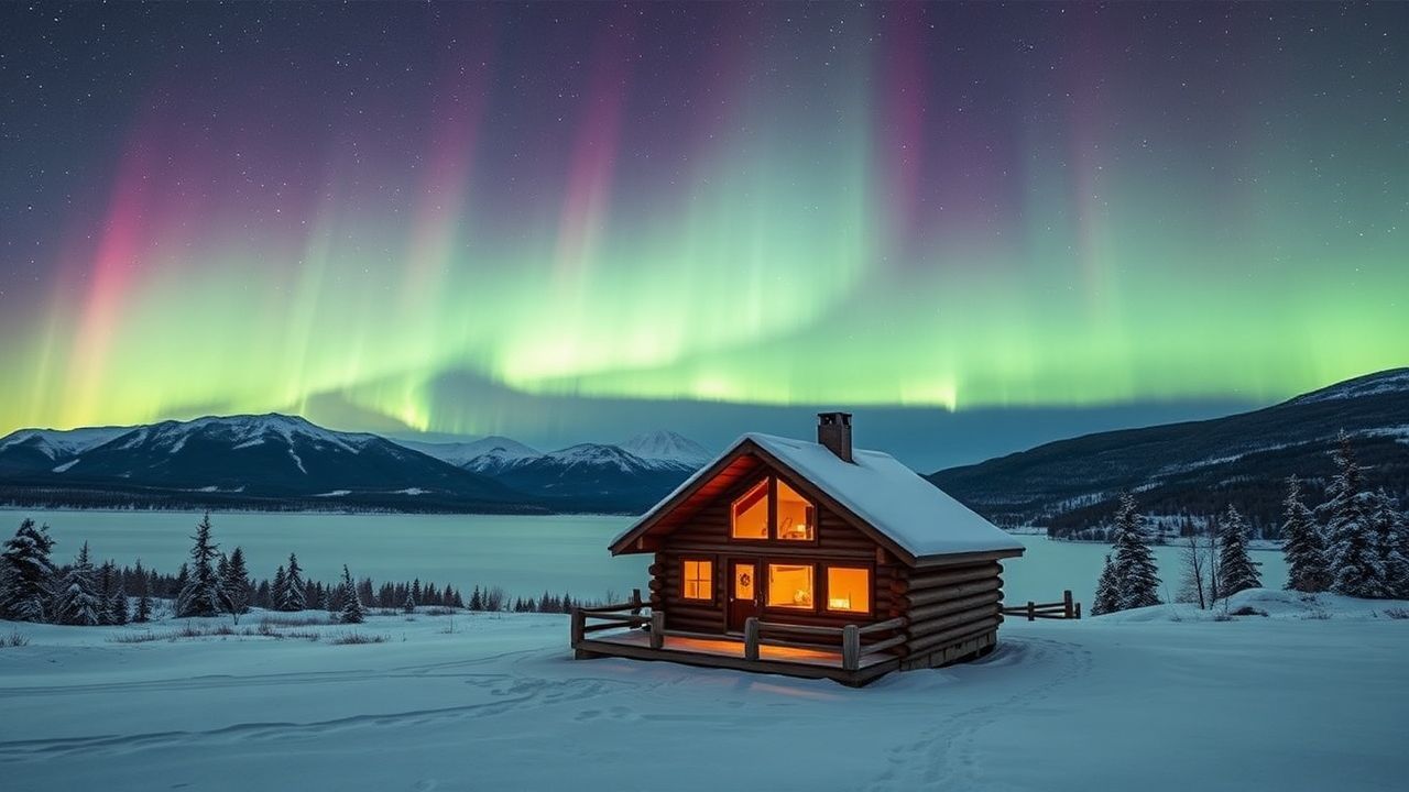 Dazzling Northern Lights Cabin in Winter