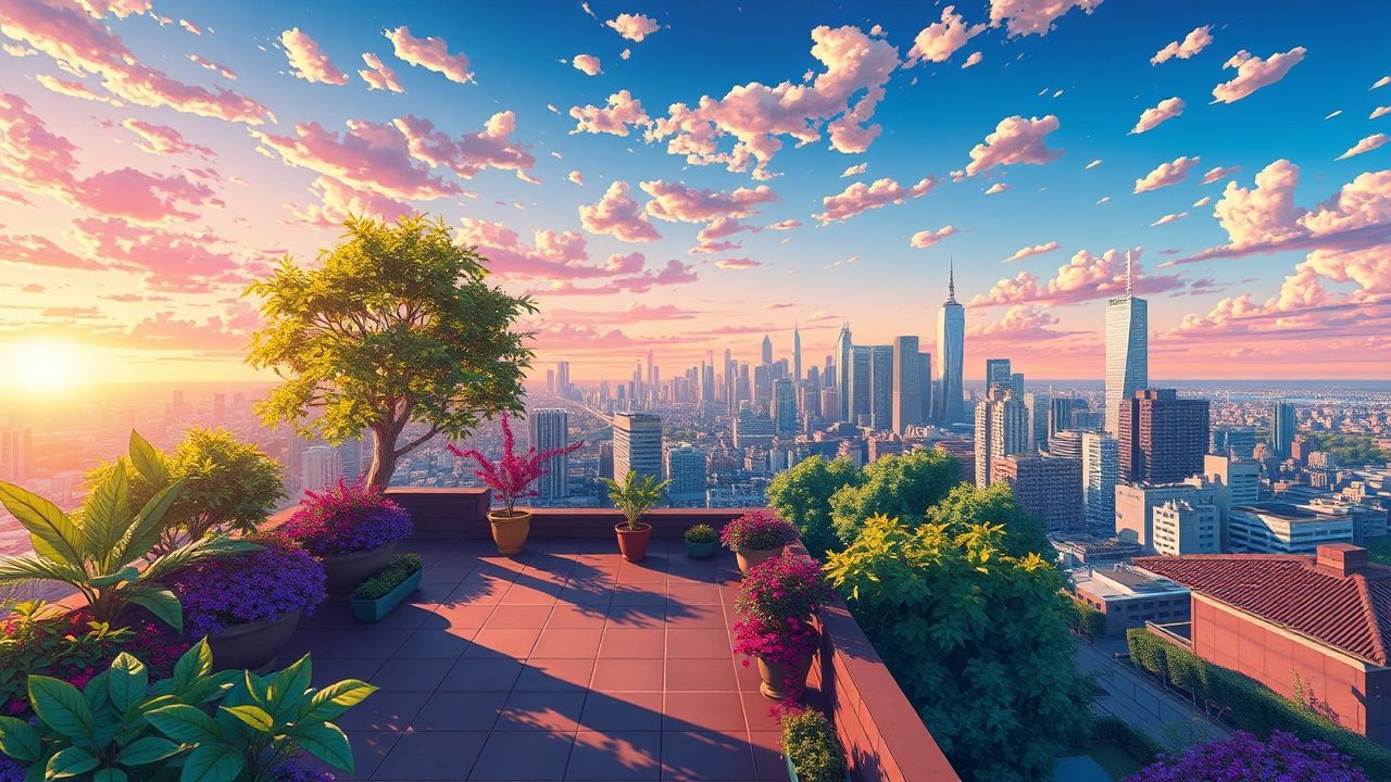 Phenomenal Rooftop Garden City at Sunset
