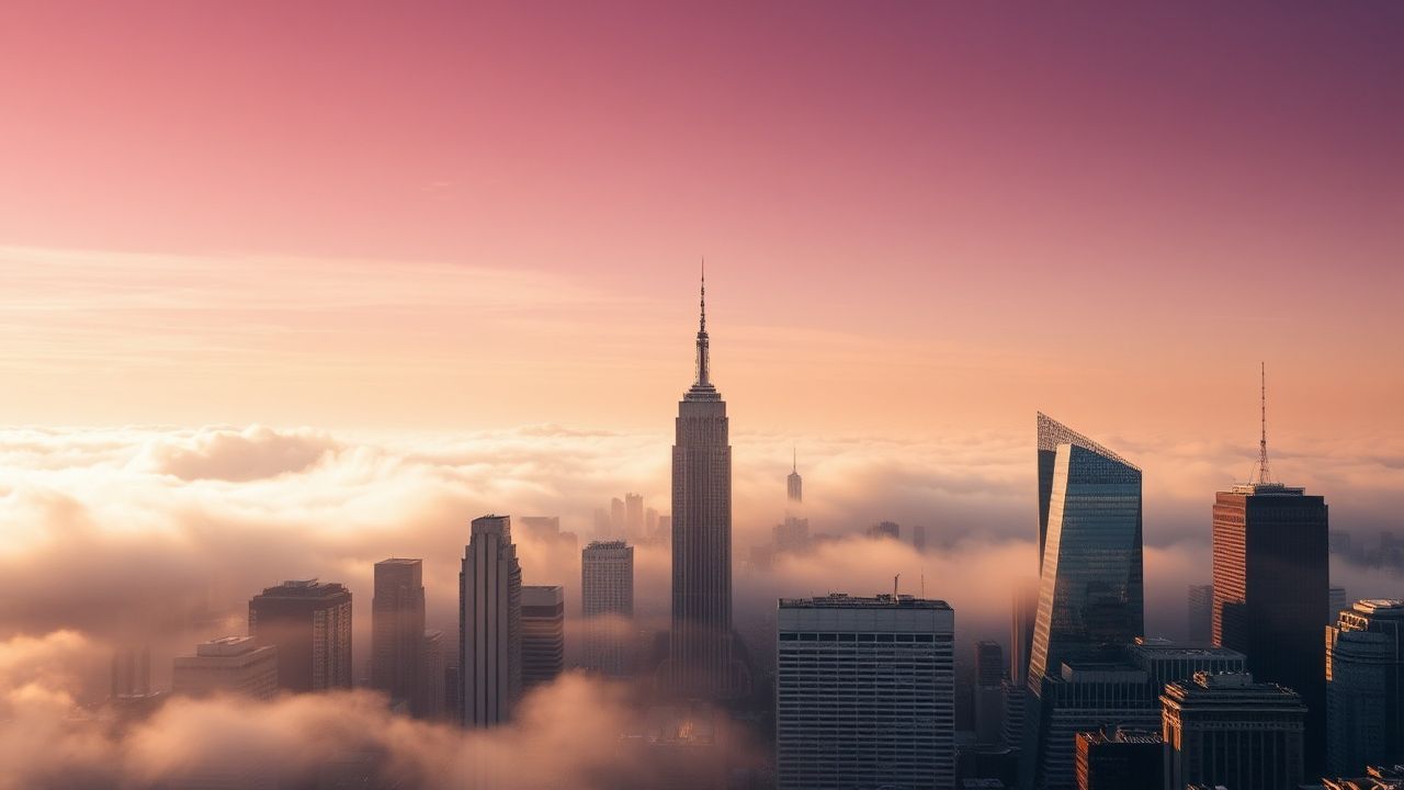 Dazzling City Skyscrapers Emerging in the Mist