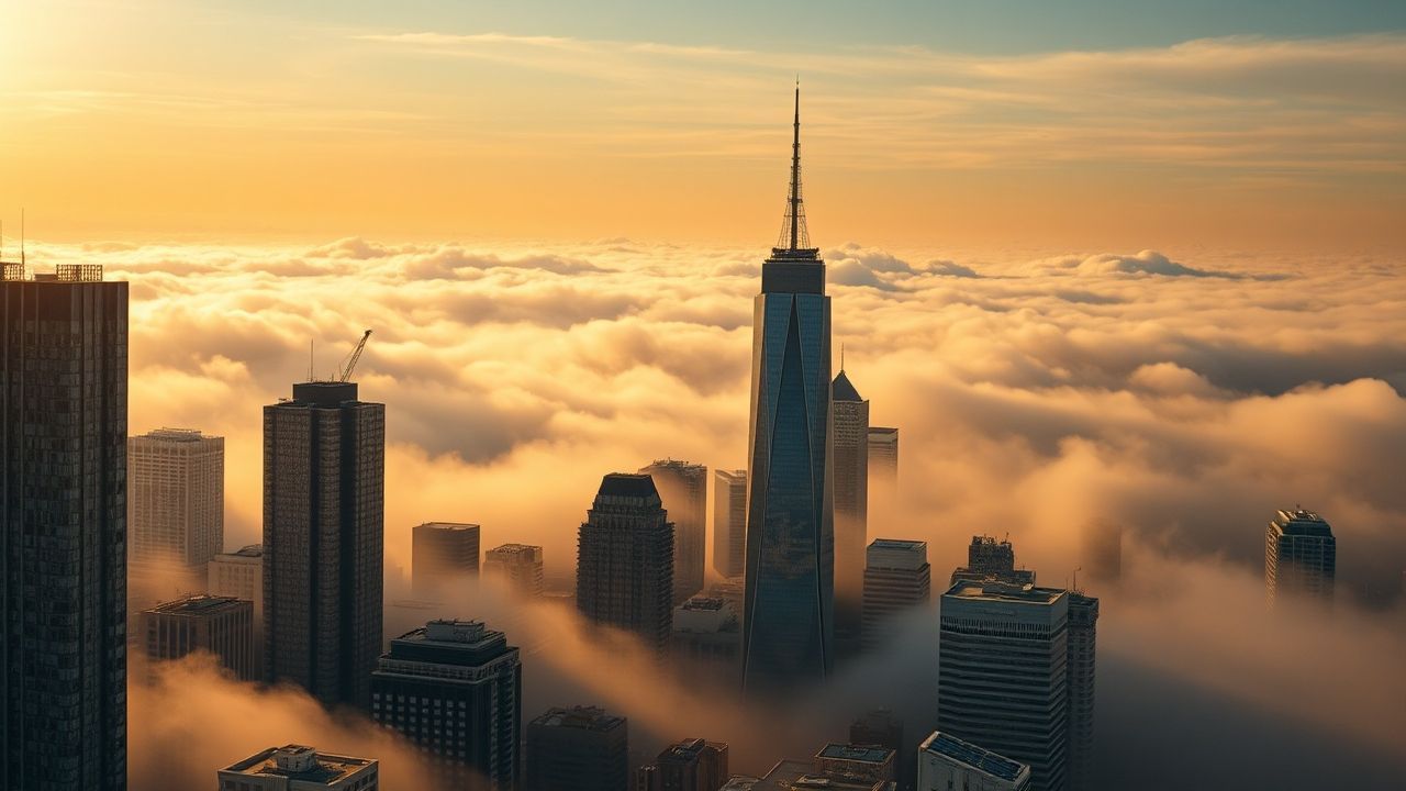 Brilliant City Skyscrapers Emerging in the Mist