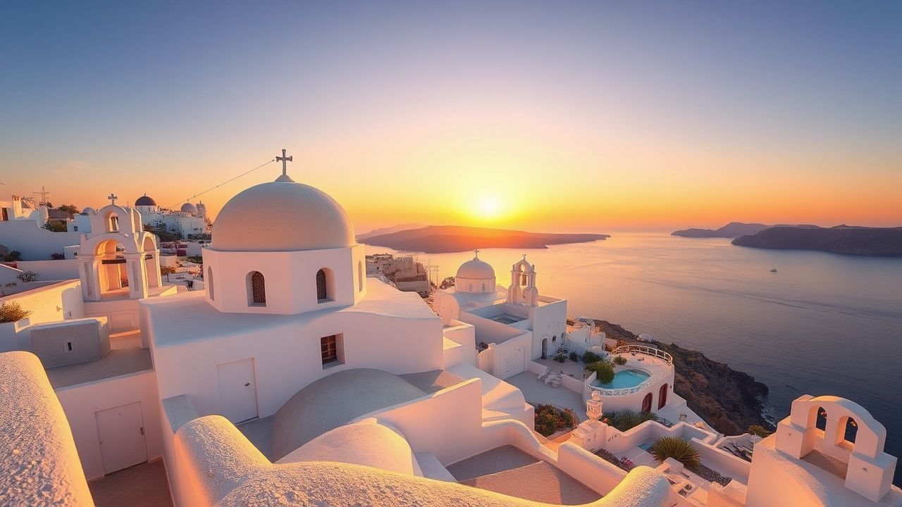 Striking Santorini Domes White at Sunset
