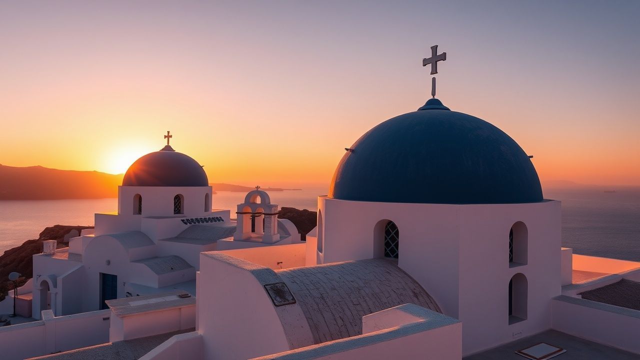Shimmering Santorini Domes White at Sunset
