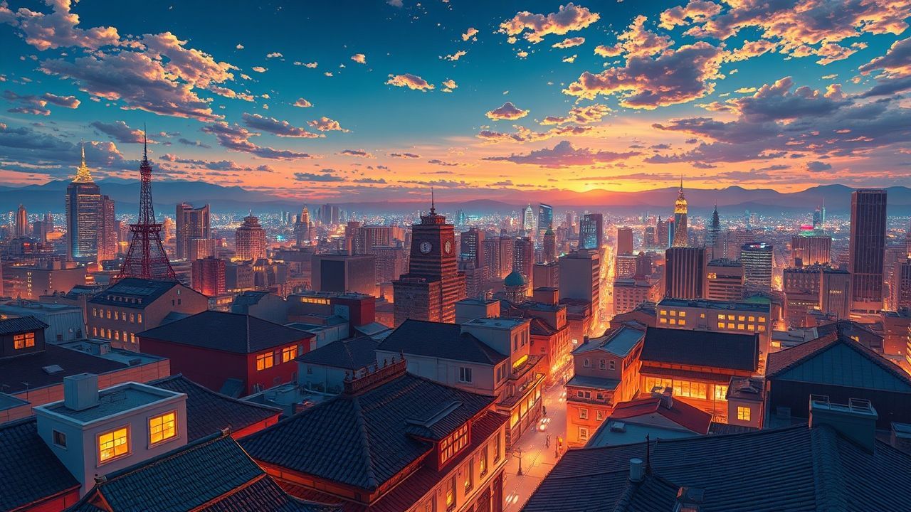 Exquisite Anime Cityscape Hour in Golden Light