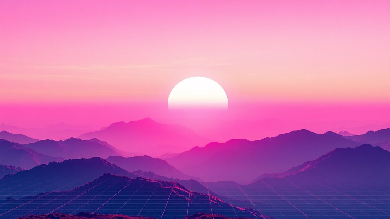 Arcane Vaporwave Grid Mountains at Sunset