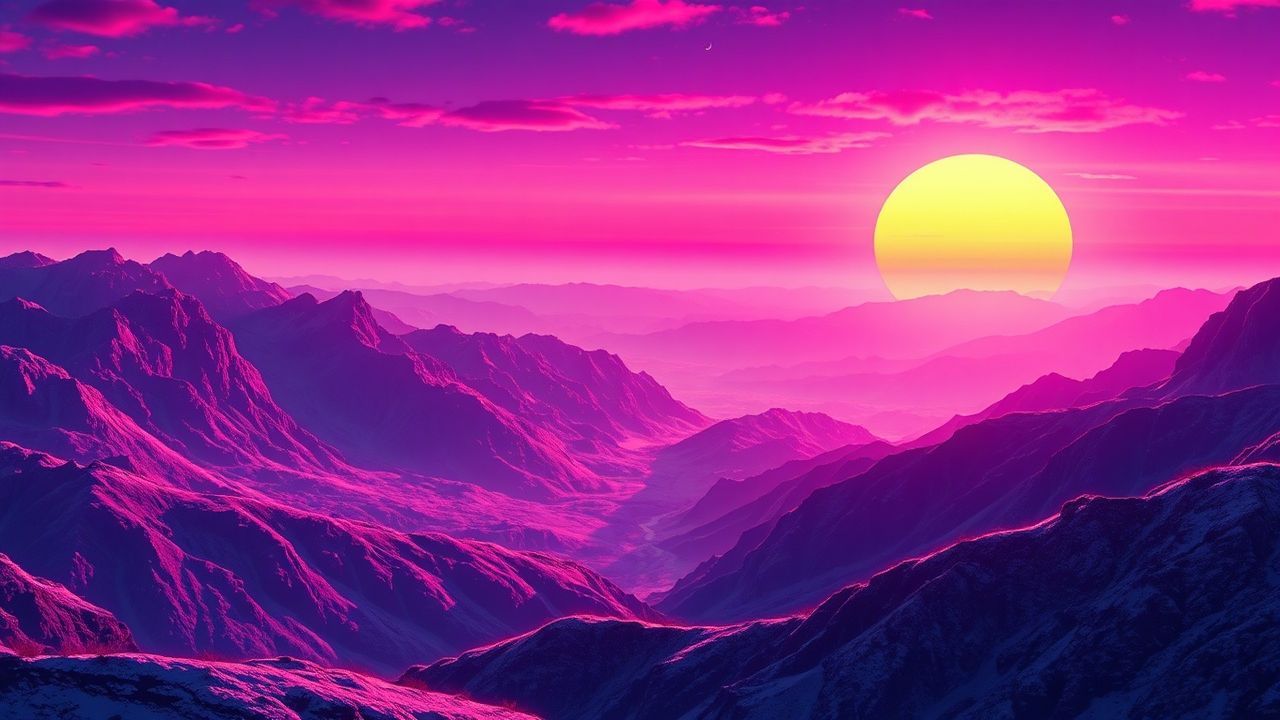 Lustrous Vaporwave Grid Mountains at Sunset