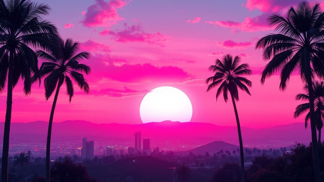 Sweeping Synthwave Grid Mountains at Sunset