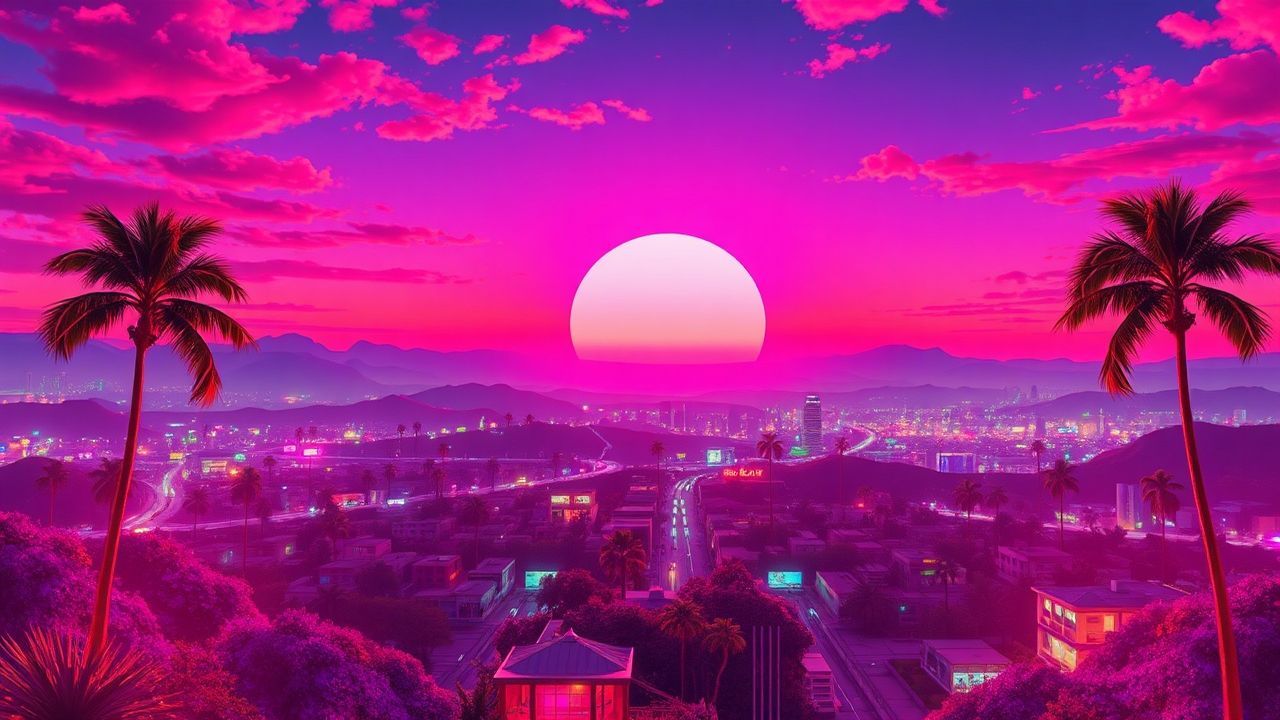 Ornate Synthwave Grid Mountains at Sunset