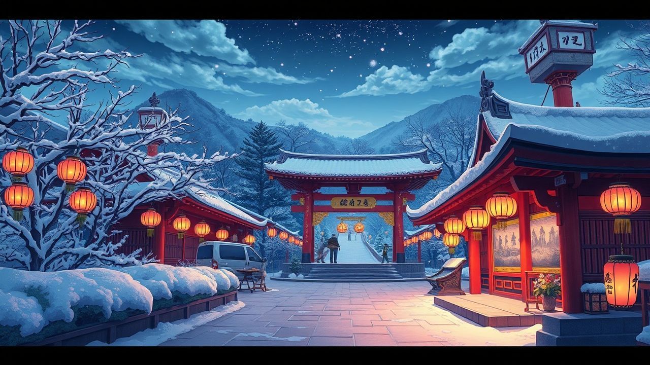 Sweeping Shrine Lanterns Anime in Winter