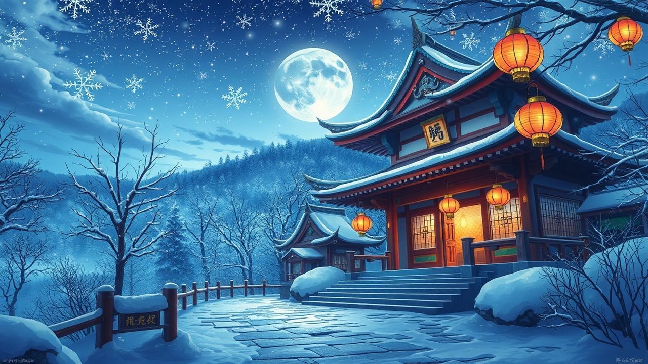 Exquisite Shrine Lanterns Anime in Winter