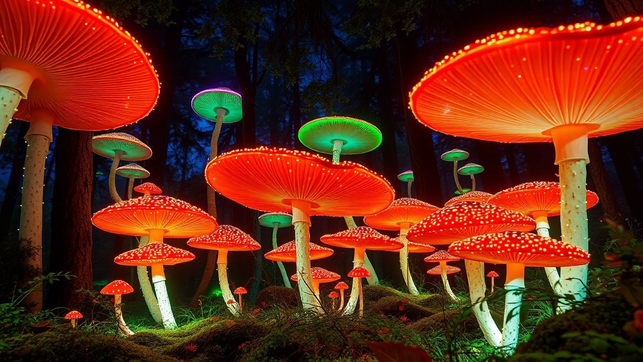 Dreamlike Bioluminescent Mushroom Forest Glow