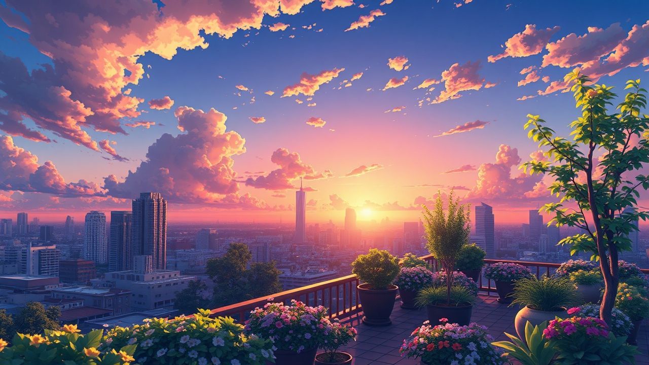 Exquisite Rooftop Garden City at Sunset