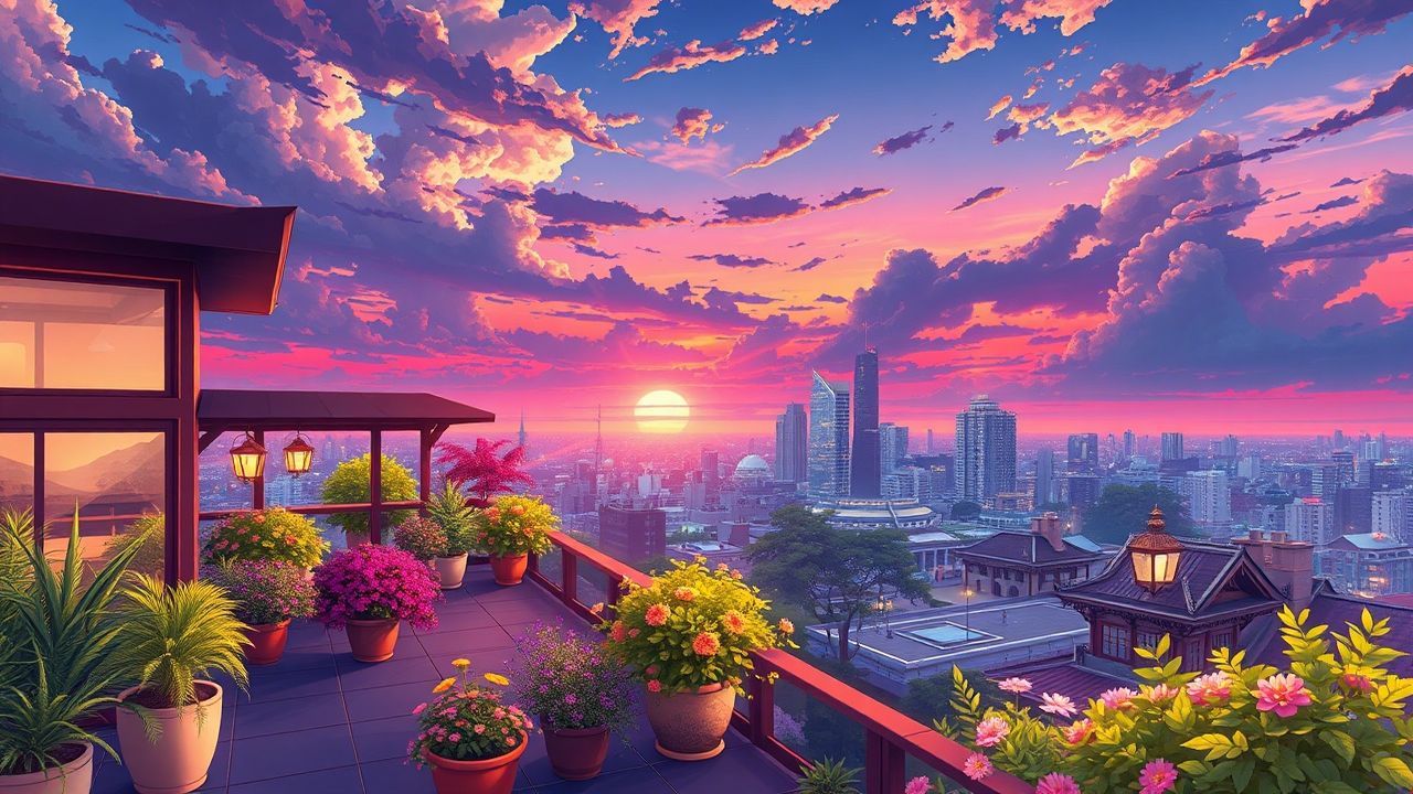 Dreamlike Rooftop Garden City at Sunset