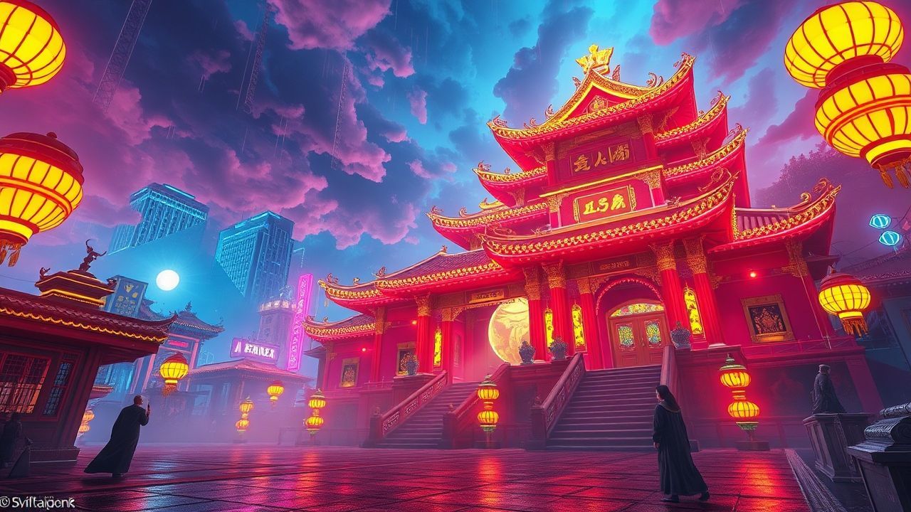 Digital Temple Shrine Traditional Neon Dreams