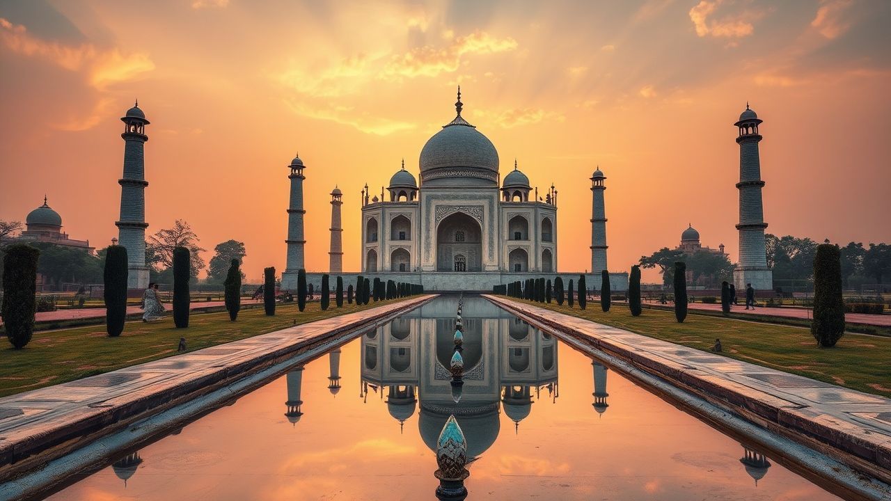 Serene Taj Mahal Symmetry at Sunrise