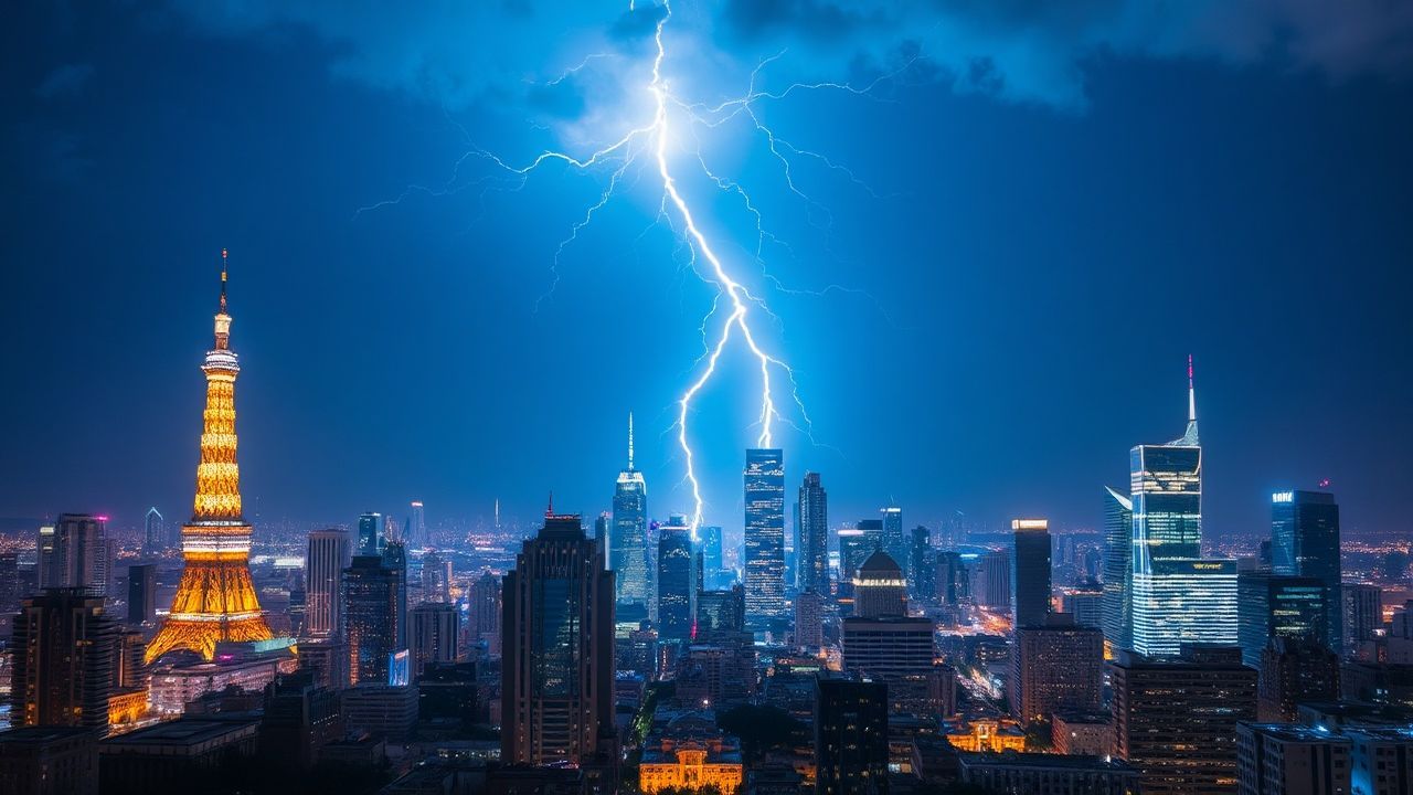 Shimmering Lightning Bolt City by Night