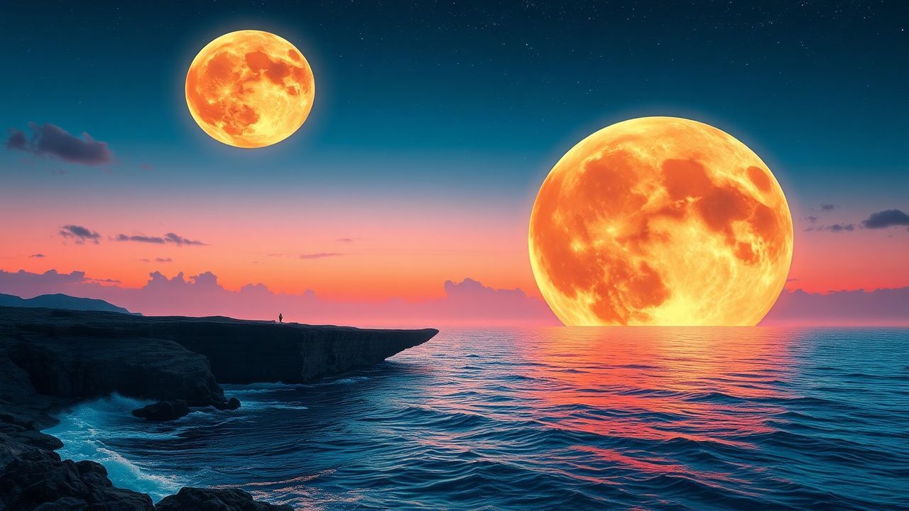 Lustrous Giant Moon Touching by Night