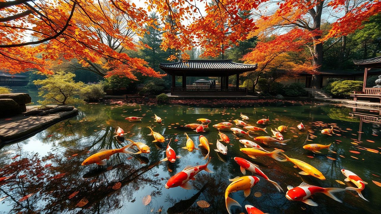Wild Japanese Koi Pond in Autumn