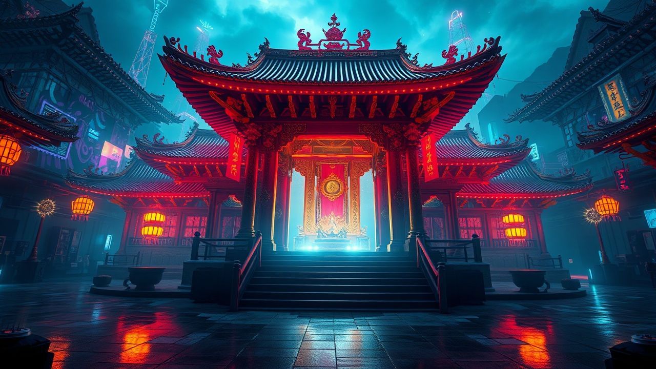 Striking Temple Shrine Traditional Neon Dreams