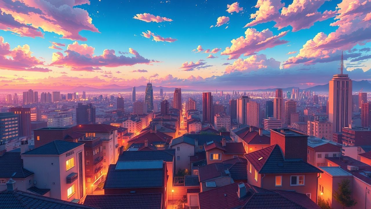 Vibrant Anime Cityscape Hour in Golden Light
