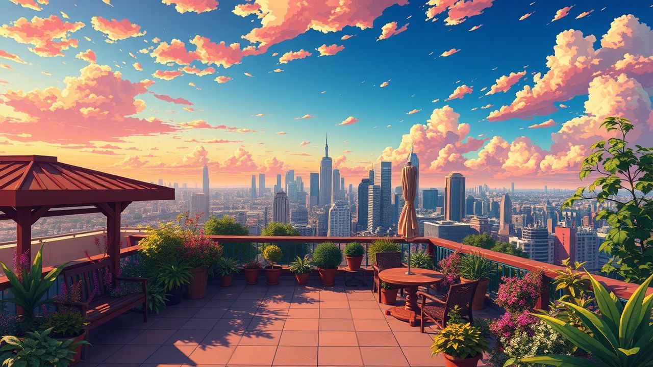 Majestic Rooftop Garden City at Sunset