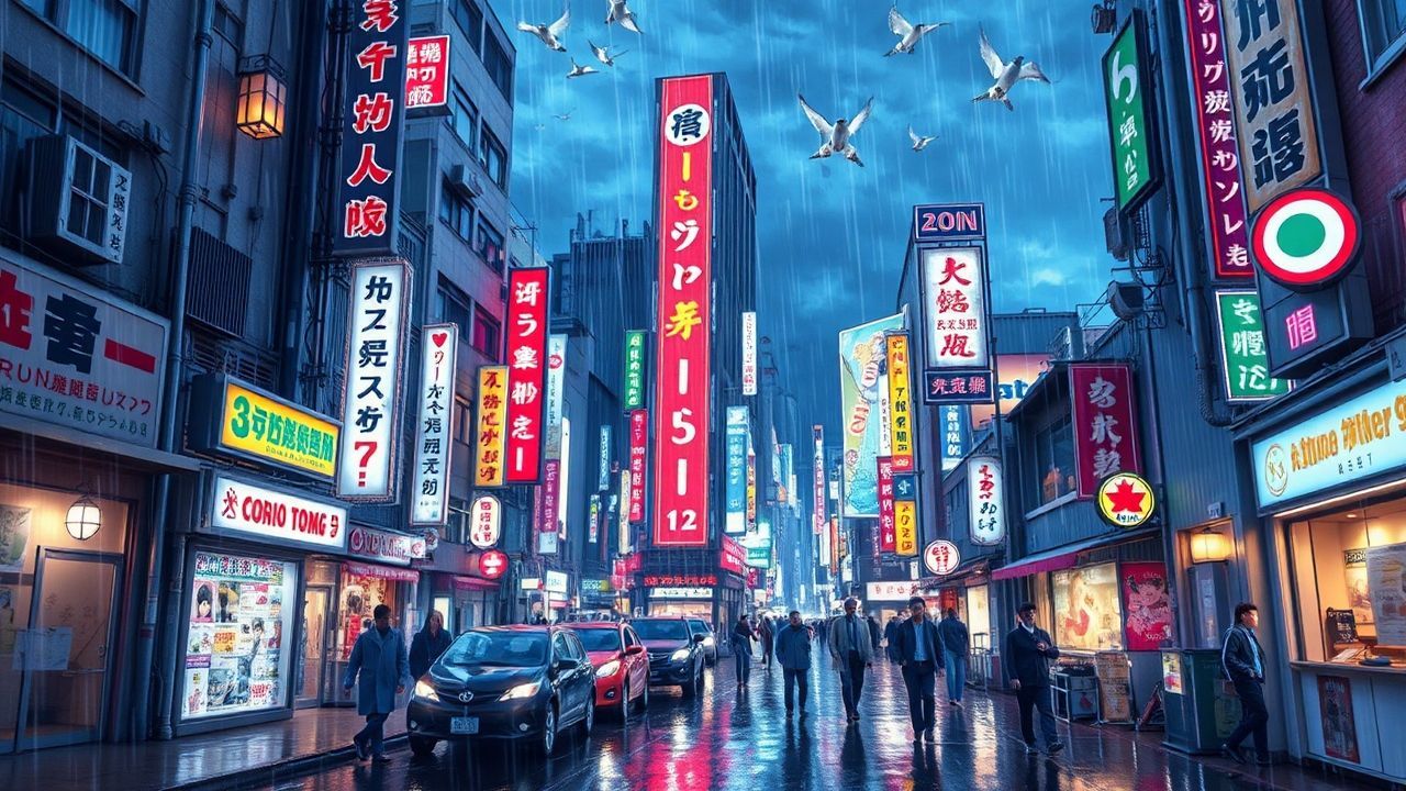 Tranquil Tokyo Street Signs in the Rain