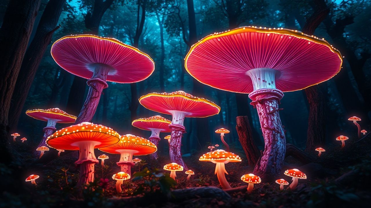 Dramatic Bioluminescent Mushroom Forest Glow