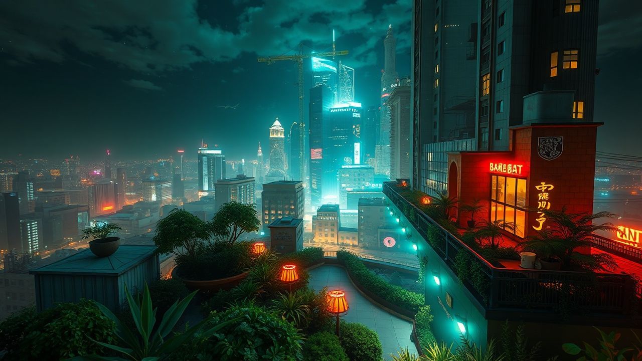 Golden Rooftop Garden Oasis by Night