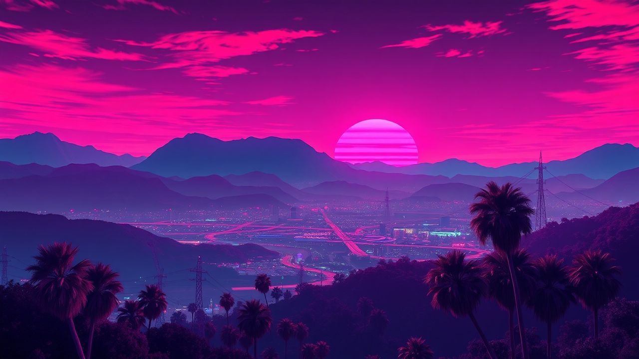 Arcane Synthwave Grid Mountains at Sunset
