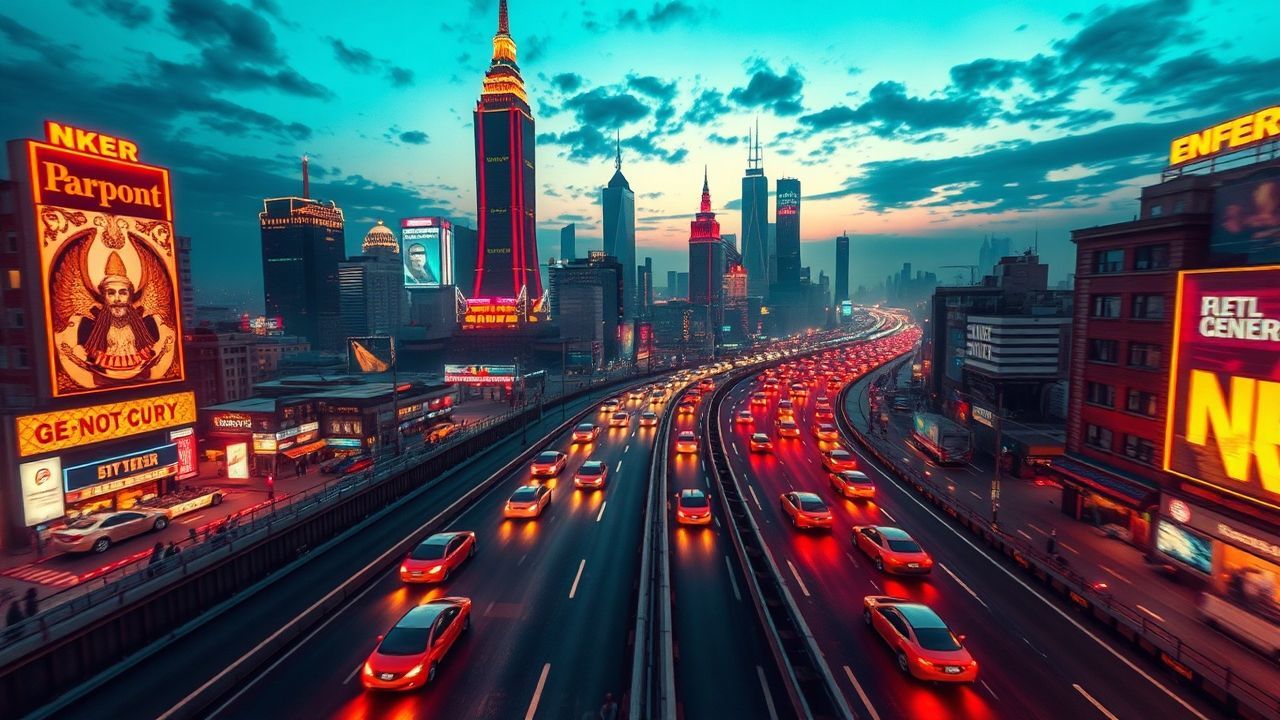 Vibrant Flying Cars Traffic Neon Dreams