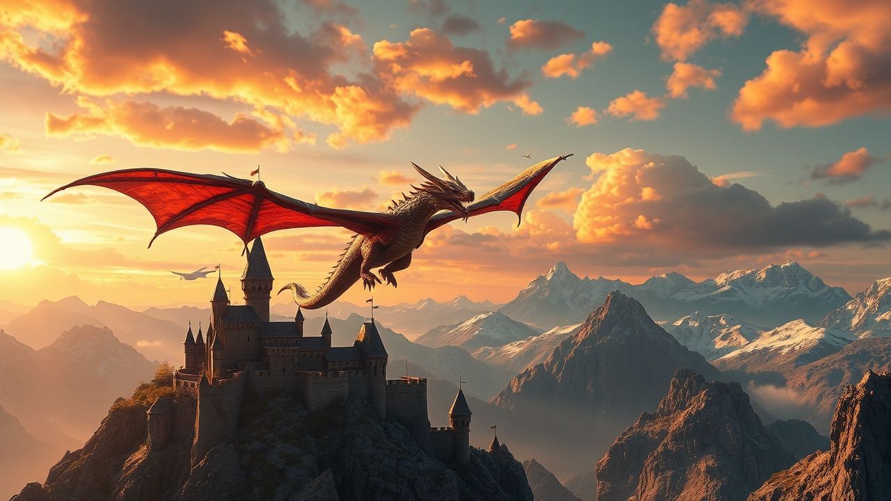 Infinite Dragon Flying Medieval at Sunset