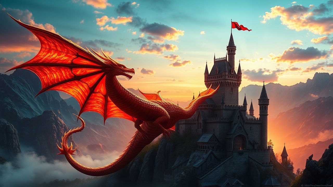 Arcane Dragon Flying Medieval at Sunset