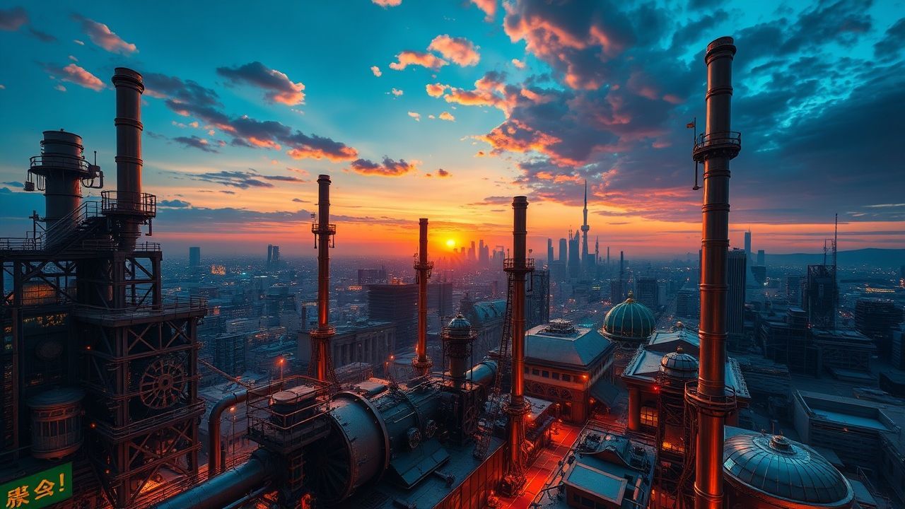 Vast Steampunk City Brass at Sunset