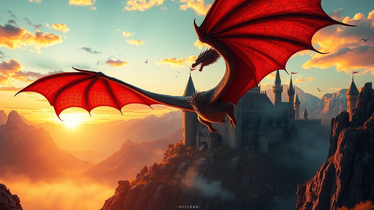Magical Dragon Flying Medieval at Sunset