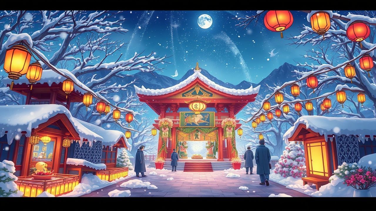 Ornate Shrine Lanterns Anime in Winter