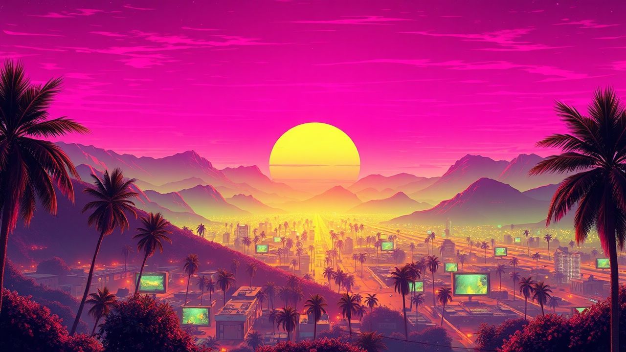Golden Synthwave Grid Mountains at Sunset
