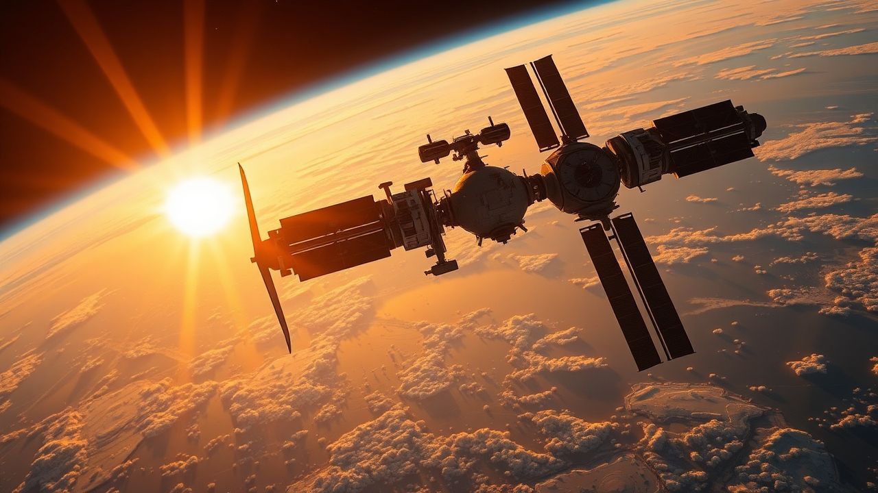 Galactic Space Station Orbiting at Sunrise