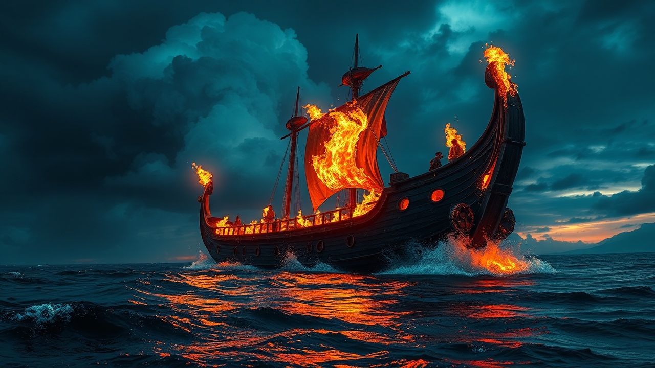 Sweeping Viking Funeral Burning by Night