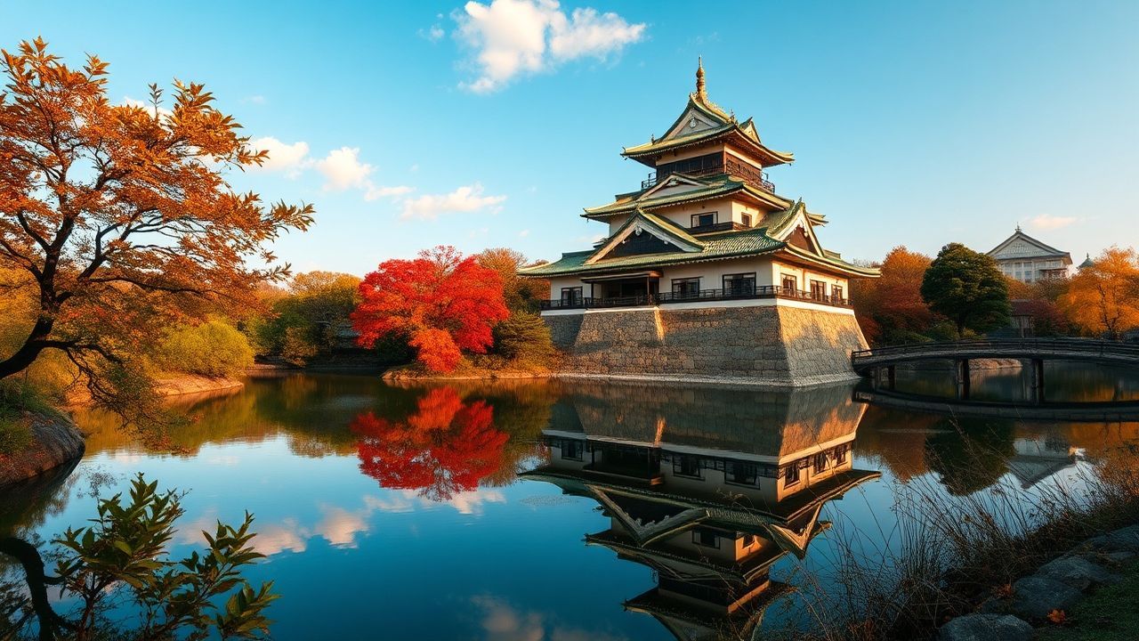 Dreamlike Japanese Castle Maple in Autumn